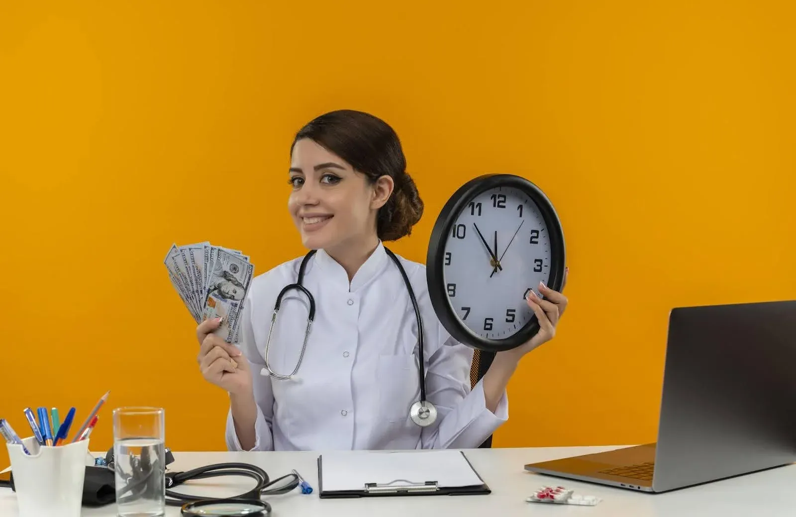 female doctor holding some cash and a clock.webp