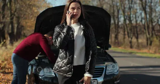 girl calling for help infront of a broken car.webp