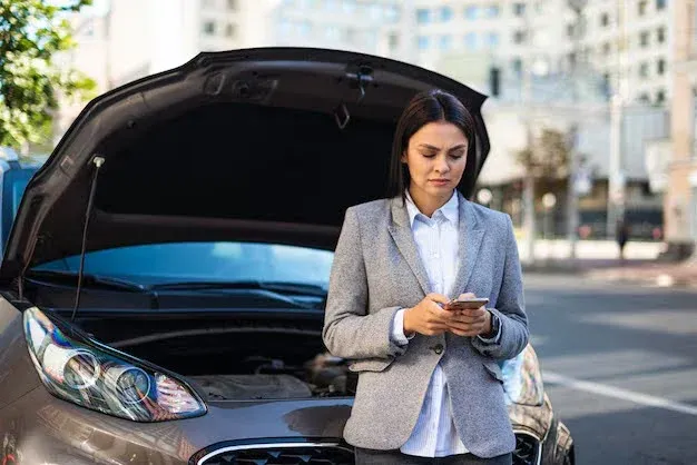 girl calling someone in front of a car with hood open.webp