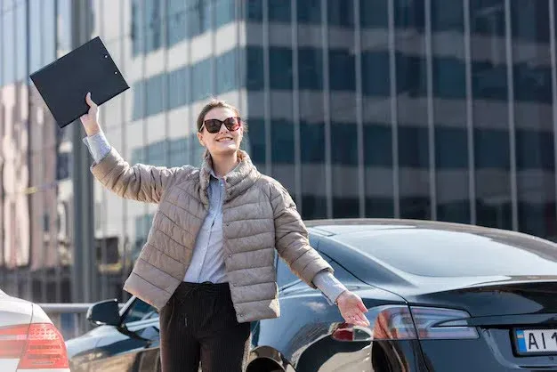 happy woman infront of car.webp