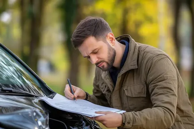 man signing auto insurance document on his car.webp